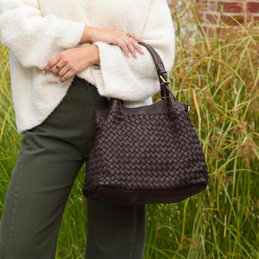 Blaire: Chocolate Brown Weave Leather Bags Sole Bliss Chocolate Weave Leather