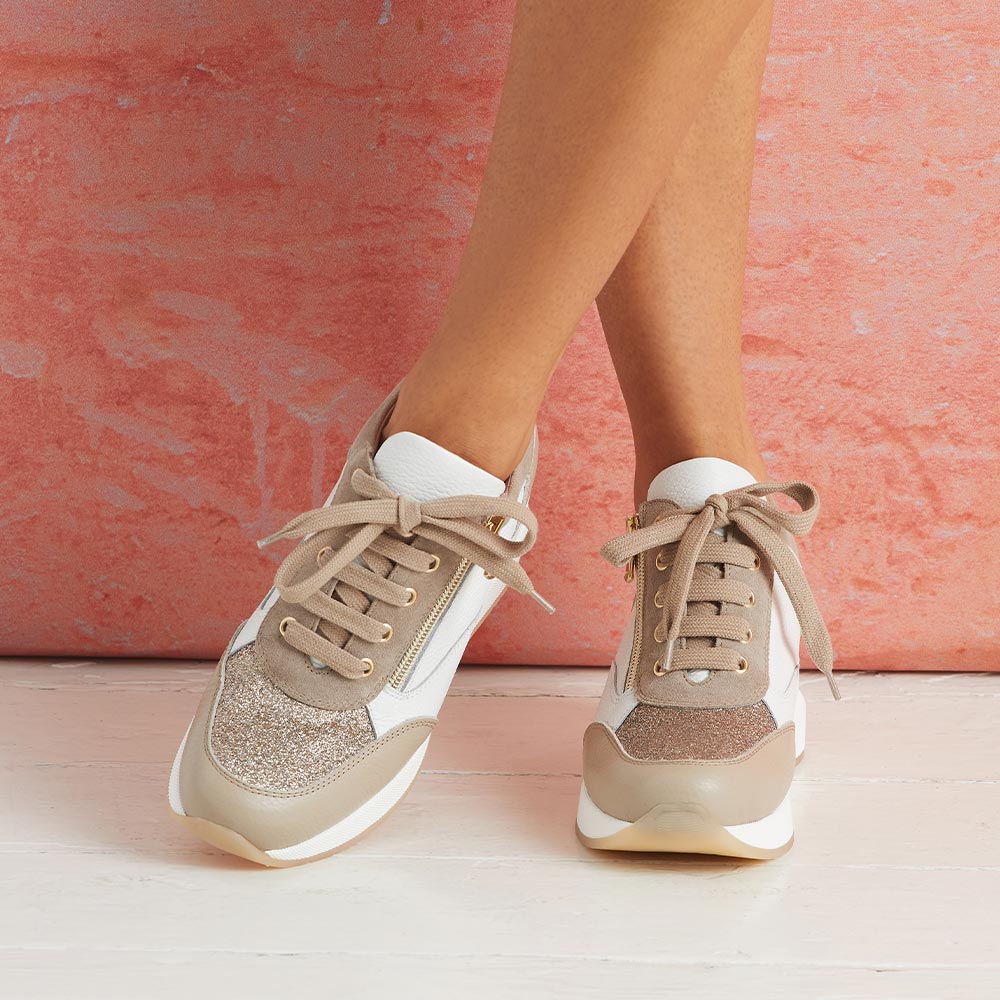 Electra: Taupe & White Leather Shoes Sole Bliss