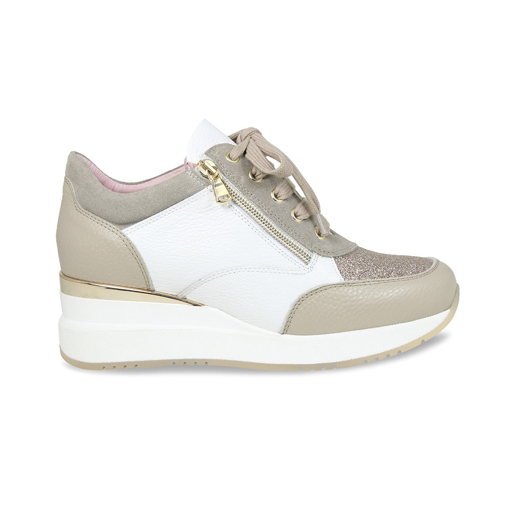 Electra: Taupe & White Leather Shoes Sole Bliss