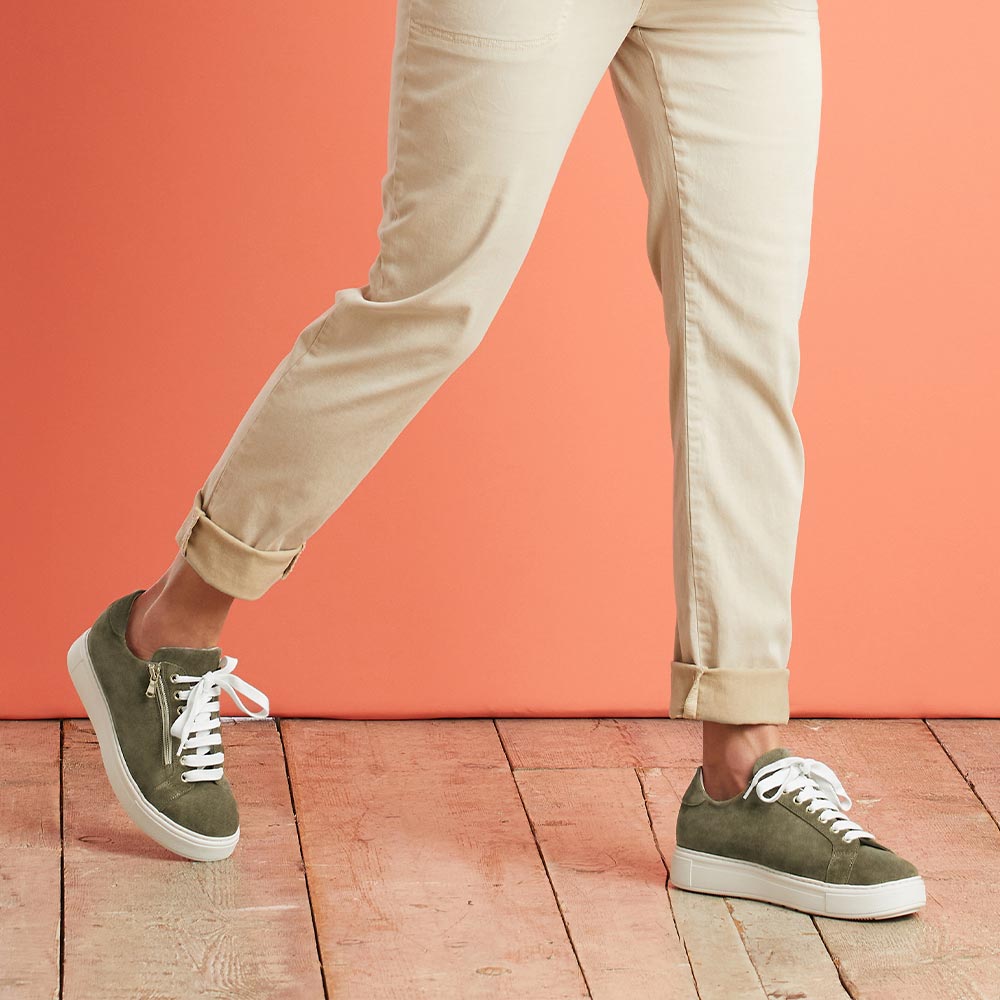 Feather Khaki Suede Chic Trainers for Bunions Sole Bliss
