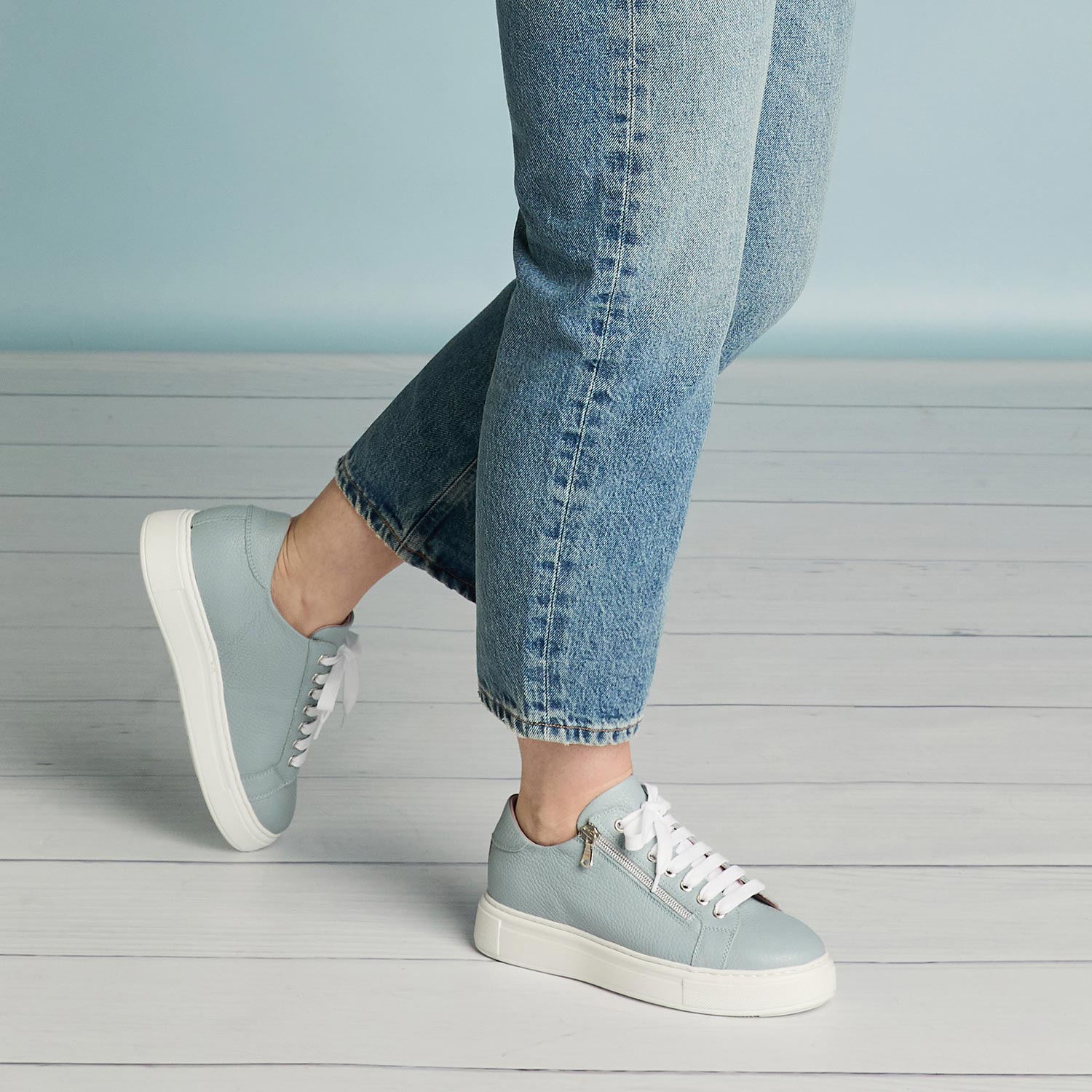 Feather: Pale Blue Leather Shoes Sole Bliss