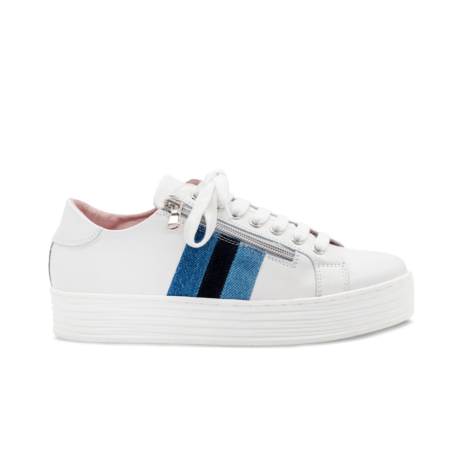 Hero-Stripe: White Leather & Multi Denim Shoes Sole Bliss