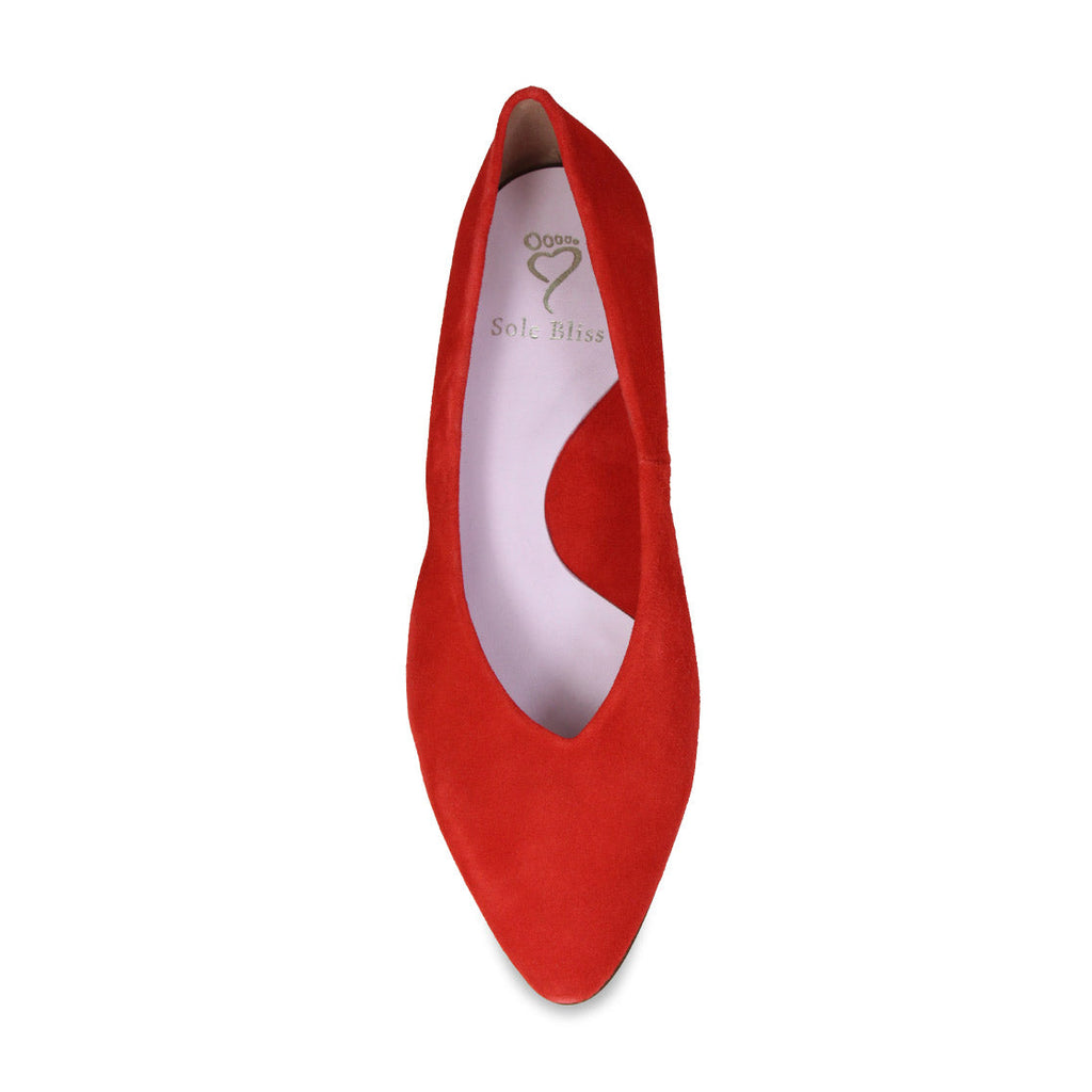 Ingrid Coral Red Suede Comfy Block Heels for Wide Feet Sole Bliss