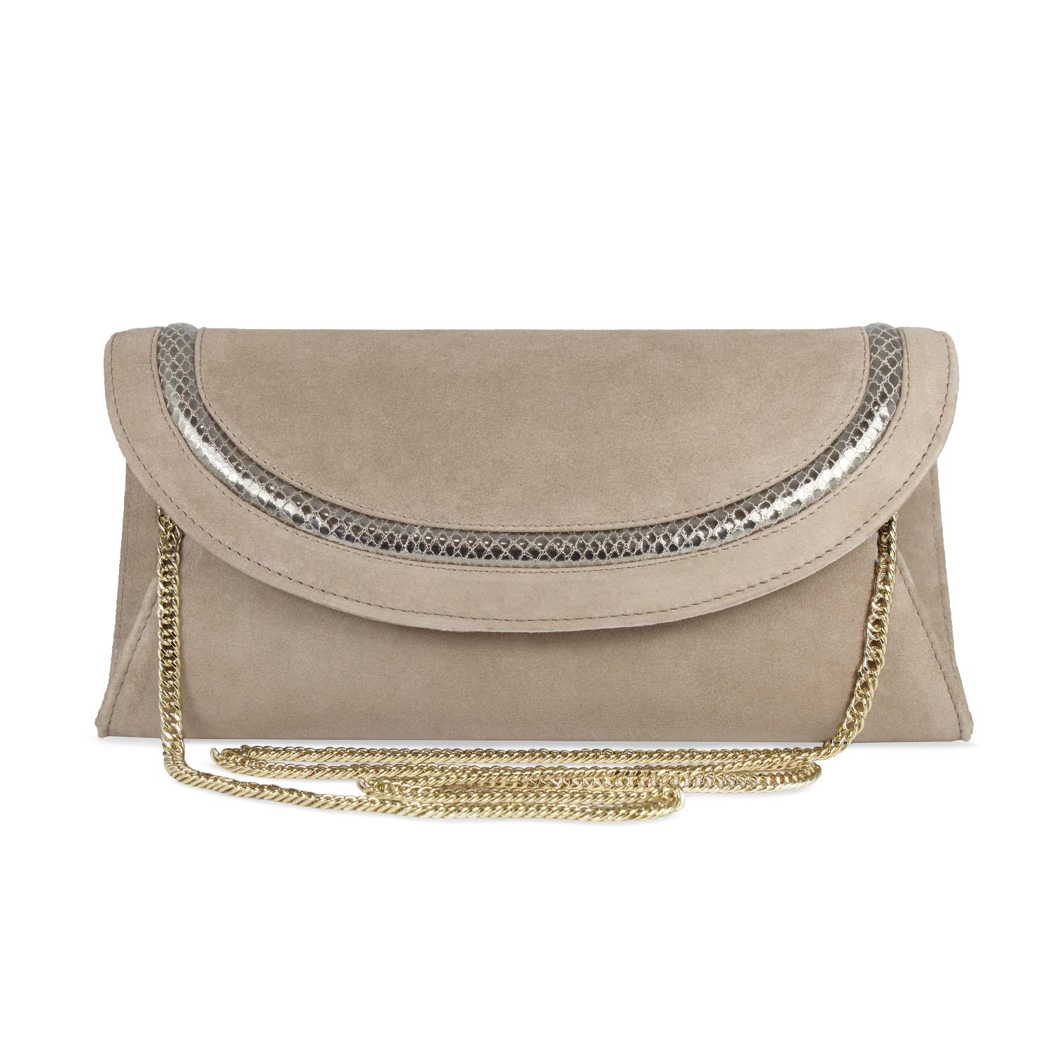 Jessie: Taupe Suede & Snake Print Leather Bags Sole Bliss