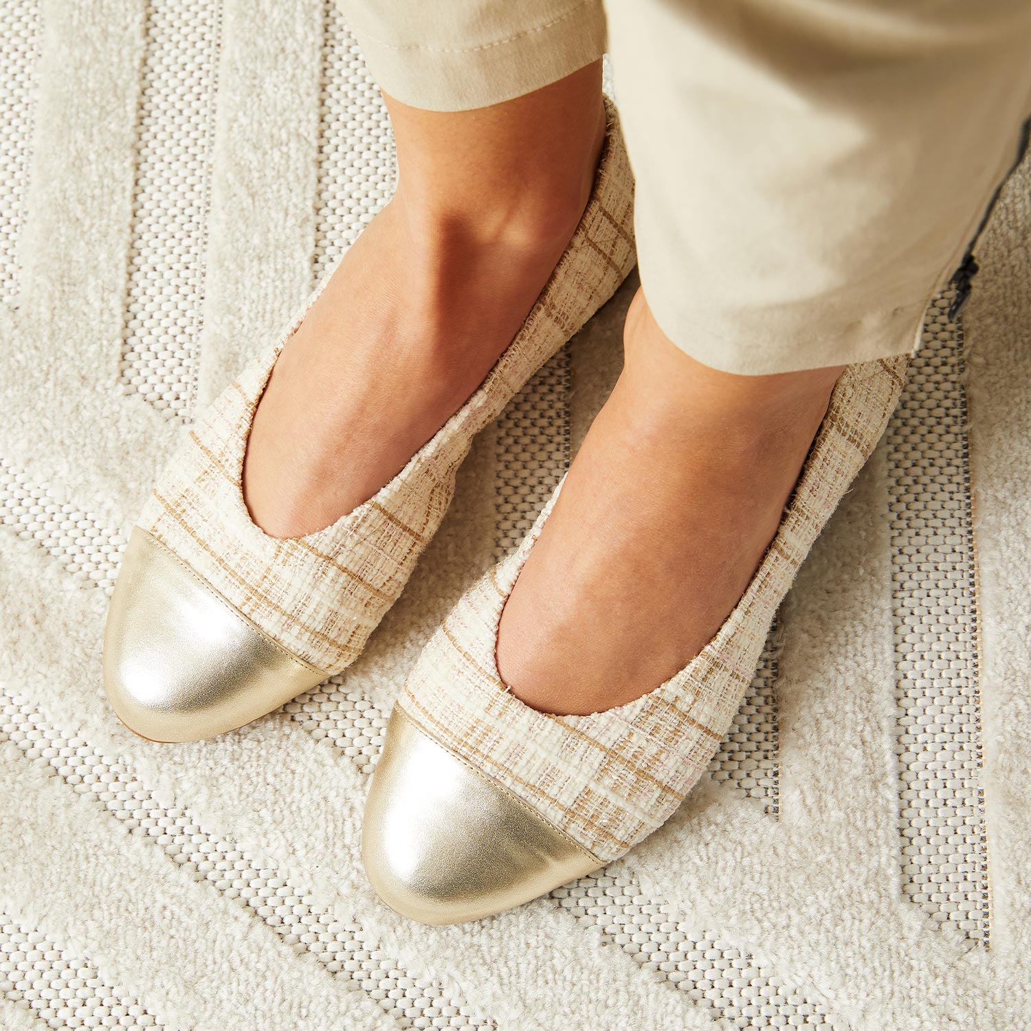 Luna: Cream Tweed & Gold Leather Shoes Sole Bliss