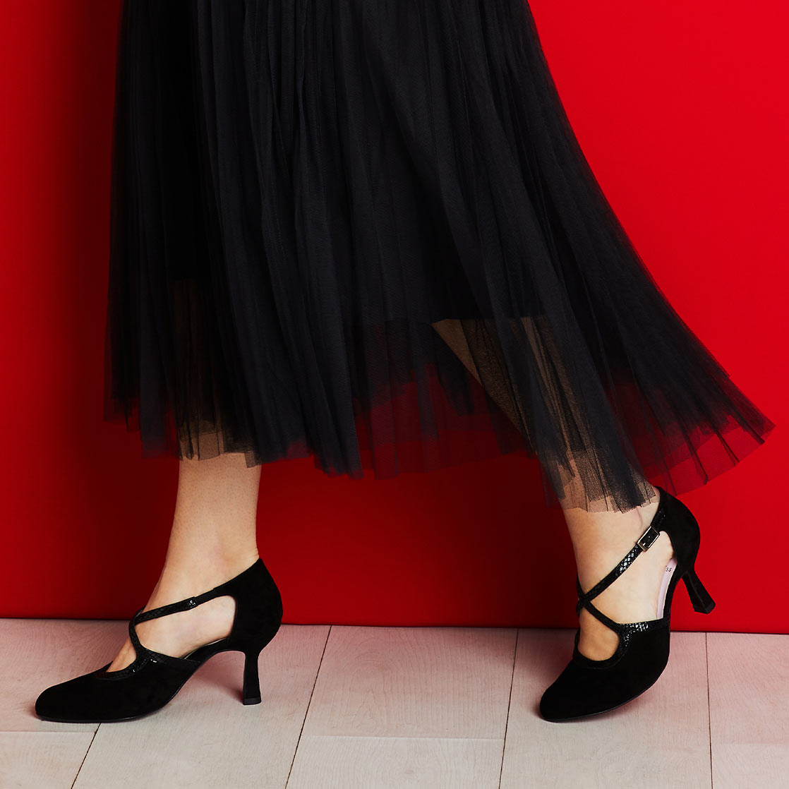 Meredith: Black Suede & Snake Print Leather Shoes Sole Bliss