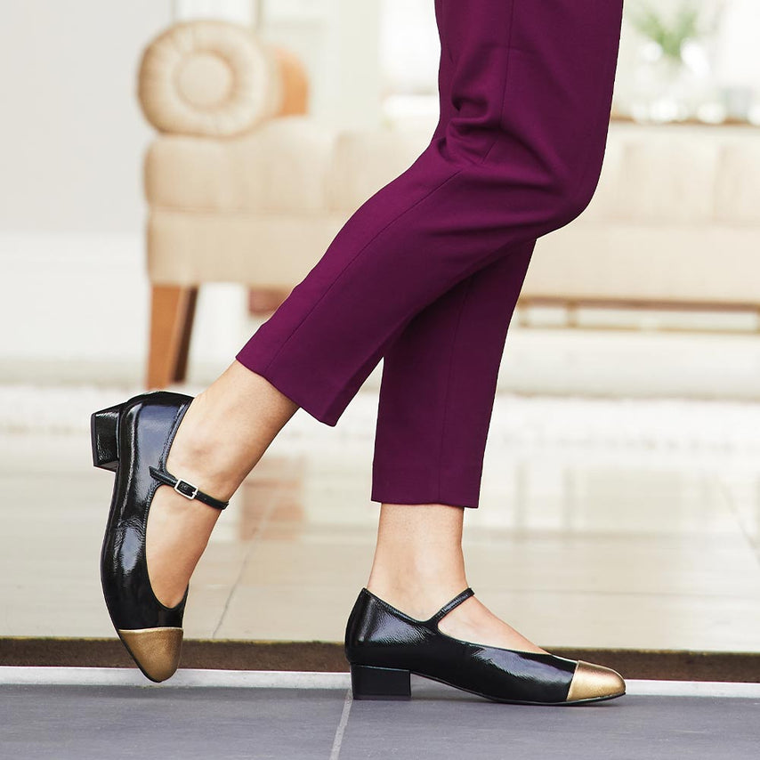 Nancy: Black & Gold Leather Shoes Sole Bliss