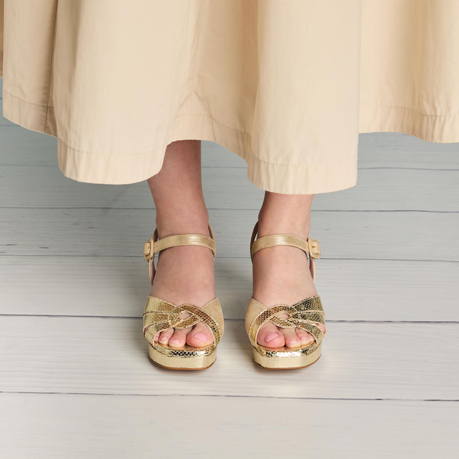 Roberta: Pale Gold Suede & Snake Shoes Sole Bliss