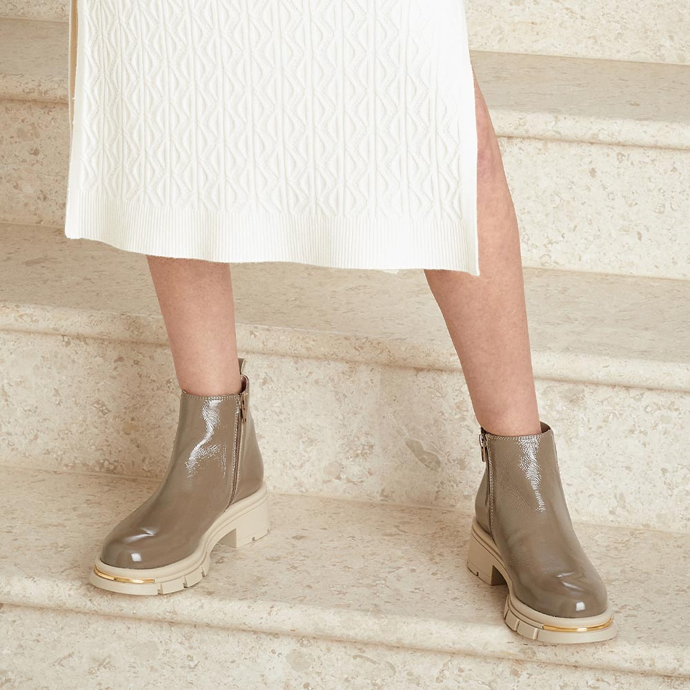 Runway: Taupe Patent Leather Boots Sole Bliss