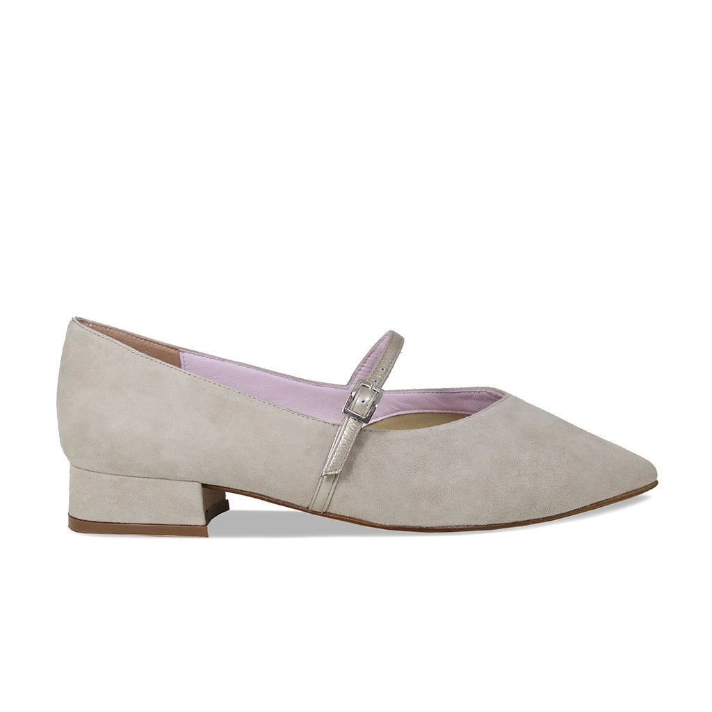 Savannah: Pale Taupe Suede Patent – Pointed Flat for Bunions