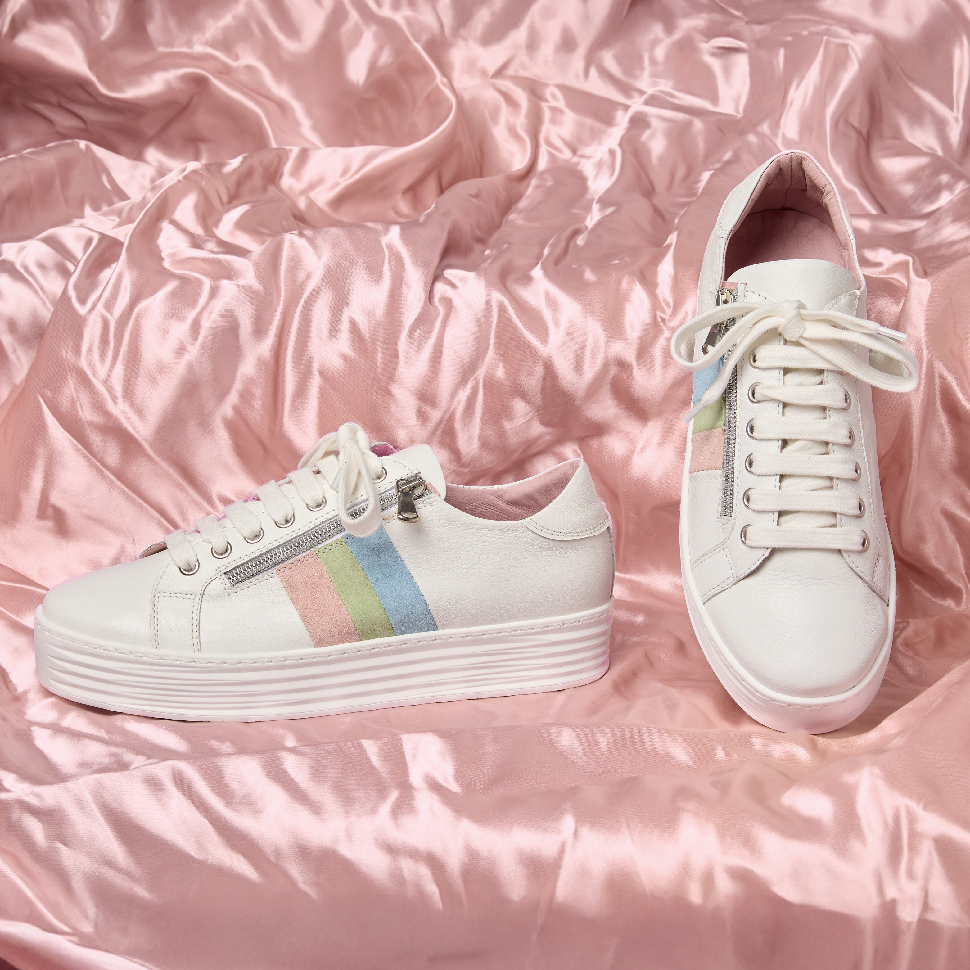 Hero-Stripe: White Leather & Multi Pastel Shoes Sole Bliss
