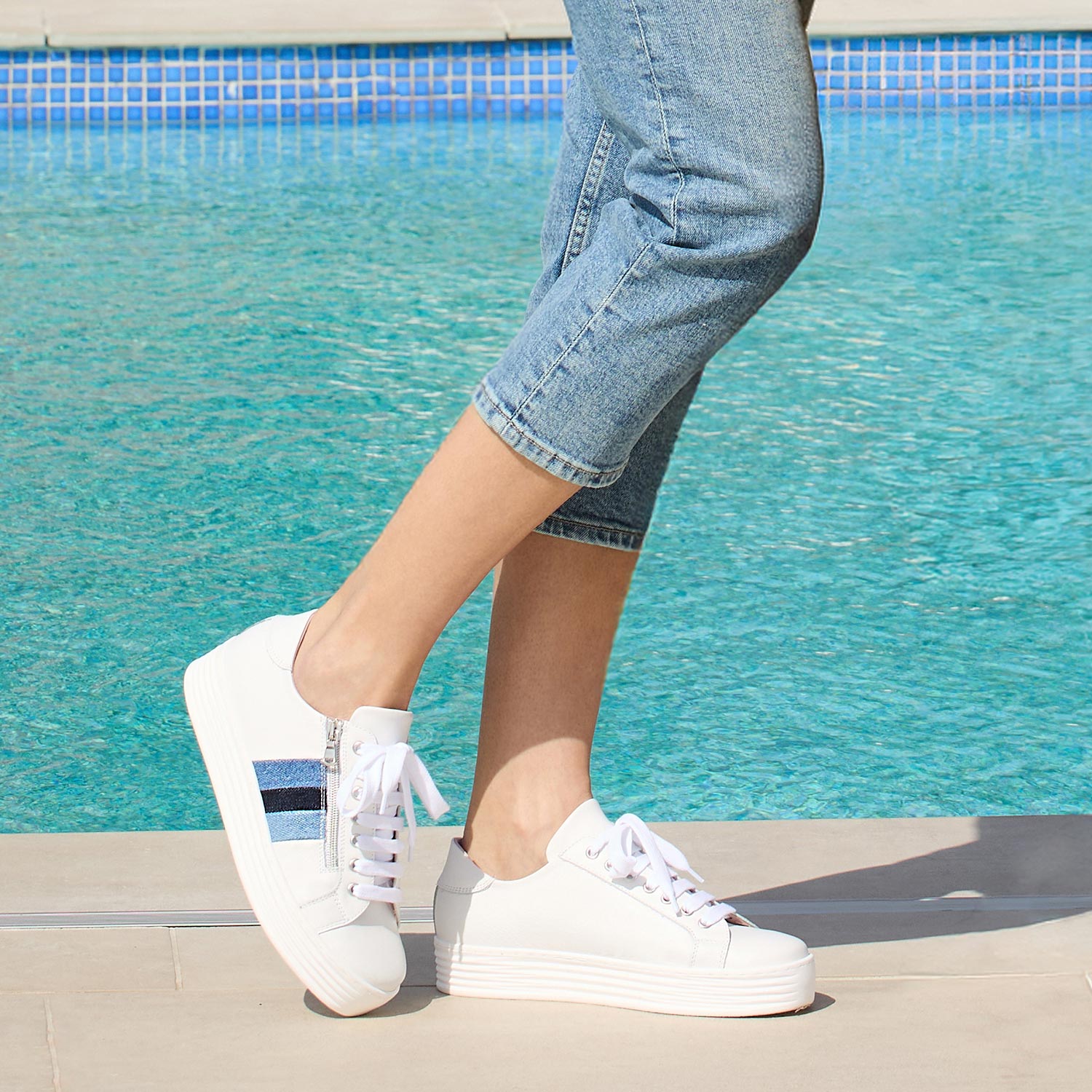 Hero-Stripe: White Leather & Multi Denim Shoes Sole Bliss