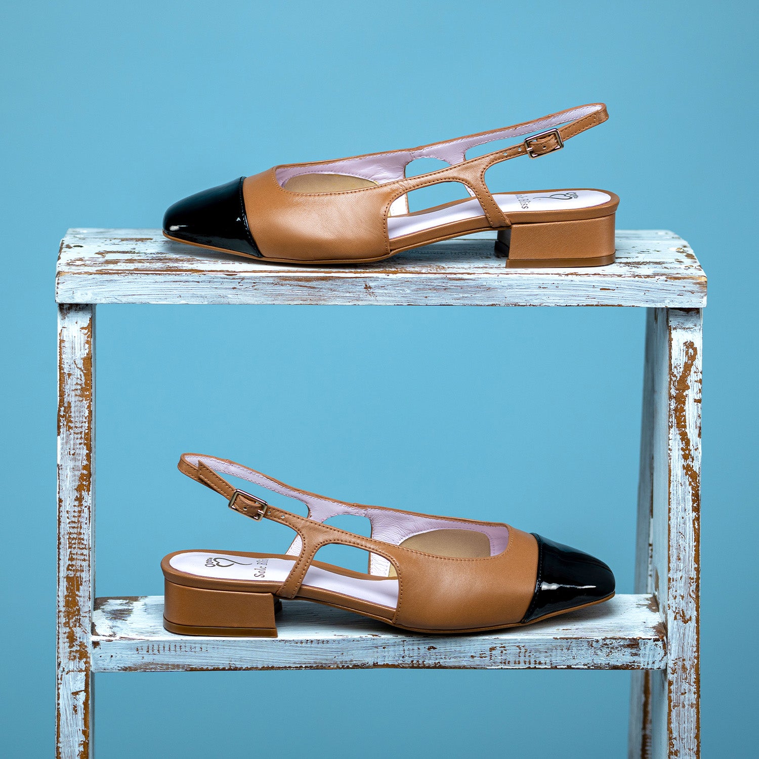 Farrah: Tan Leather & Black Patent Shoes Sole Bliss