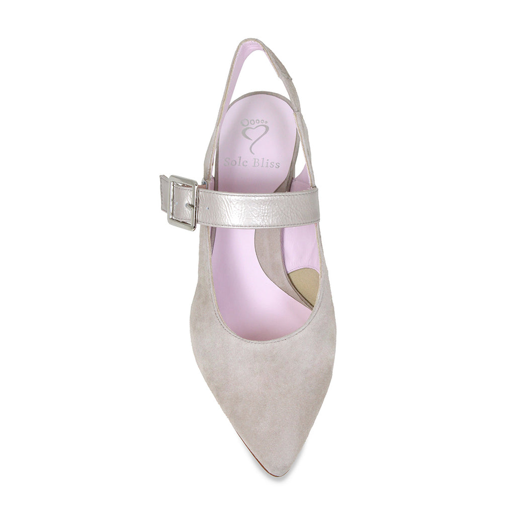 Corinne Pale Taupe Suede & Patent Bunion Heels Sole Bliss