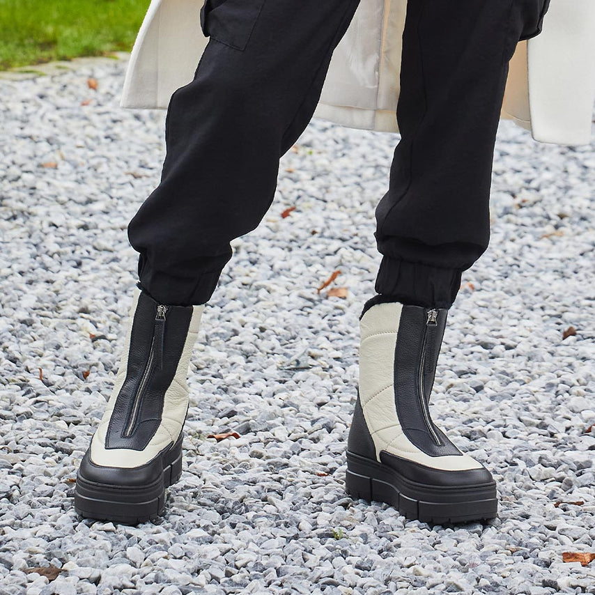 Blizzard: Black & Cream Leather & Shearling Boots Sole Bliss