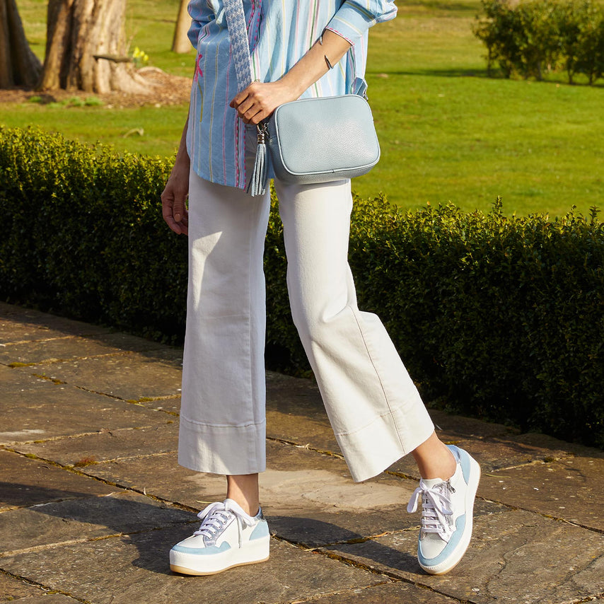 Dandy: White Leather & Pale Blue Suede Shoes Sole Bliss