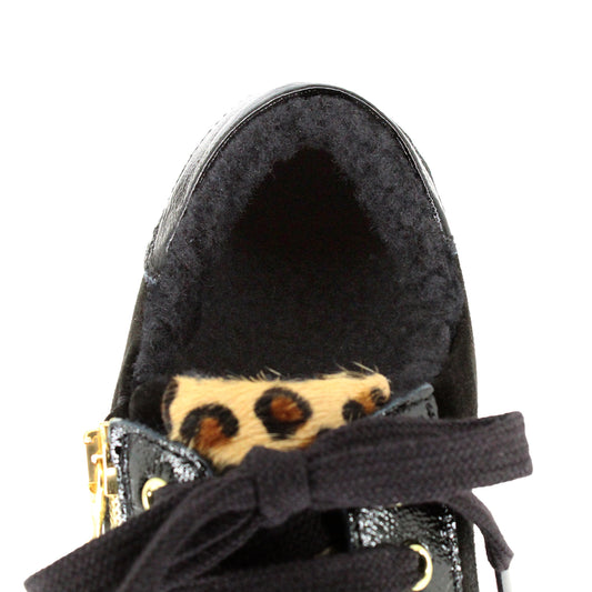 Denver-Fur: Black Patent, Suede, Leopard & Wool Lining Shoes Sole Bliss
