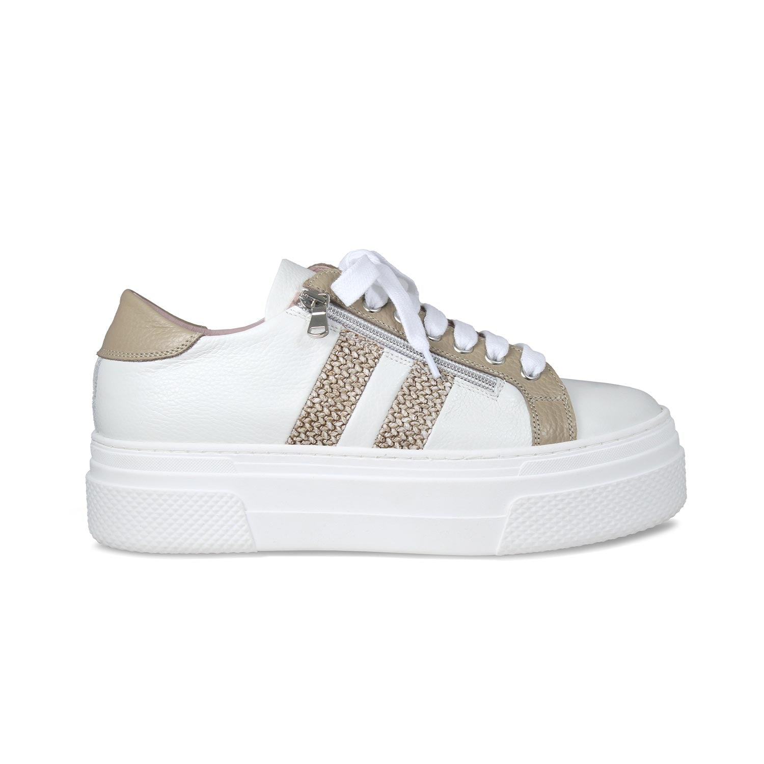 Diva: White Leather & Taupe Raffia Shoes Sole Bliss