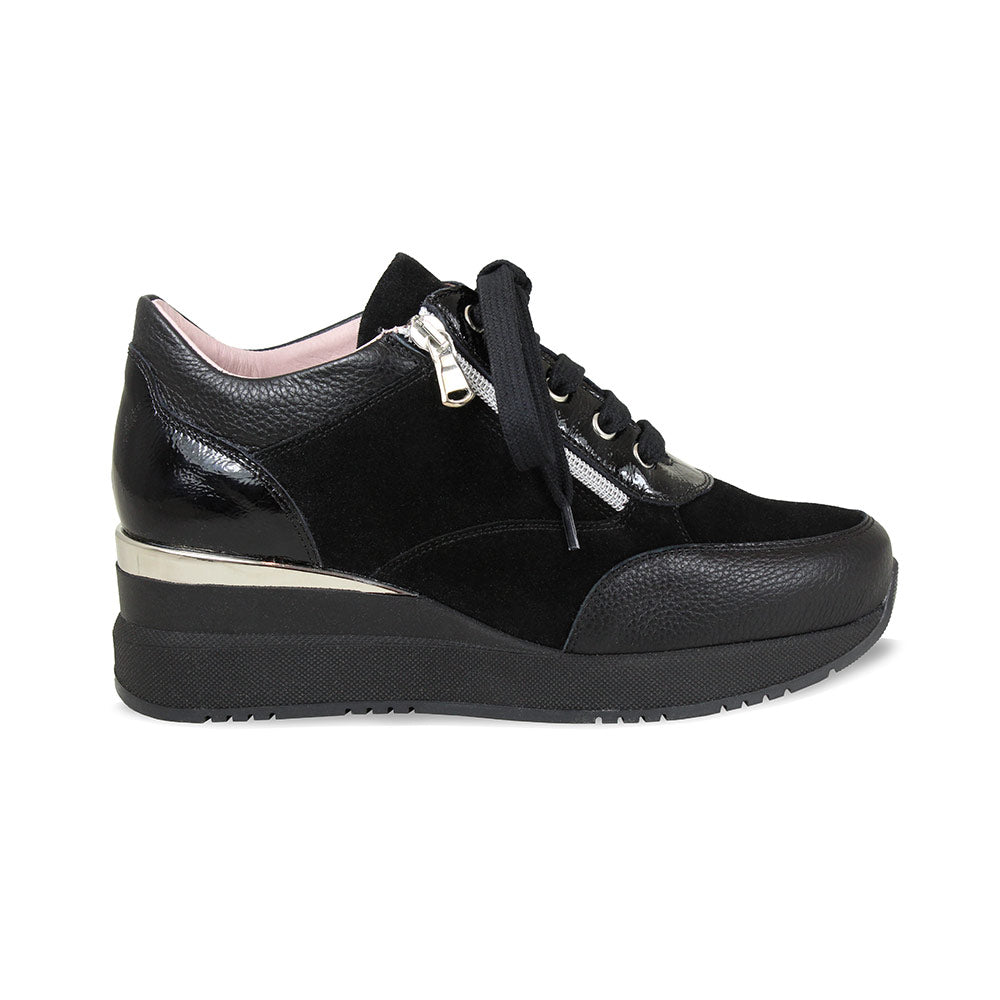 Electra: Black Leather Trainers with Raised Heel Sole Bliss