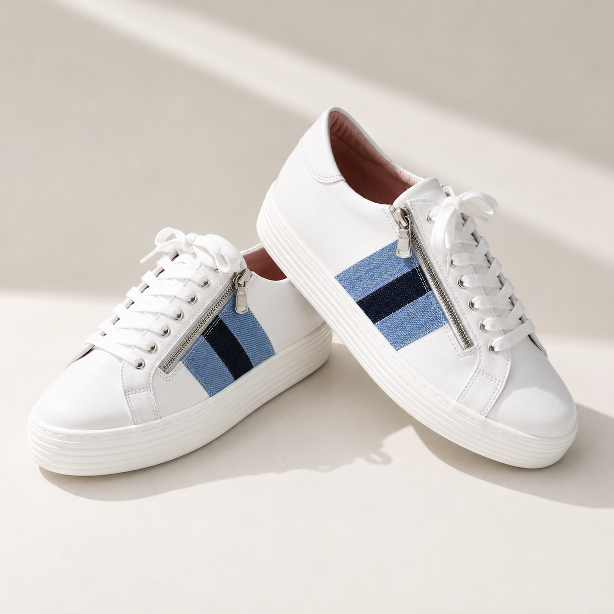 Hero-Stripe: White Leather & Multi Denim Shoes Sole Bliss