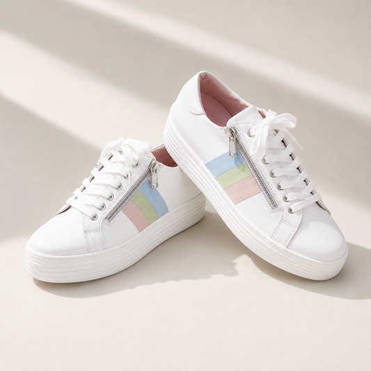 Hero-Stripe: White Leather & Multi Pastel Shoes Sole Bliss