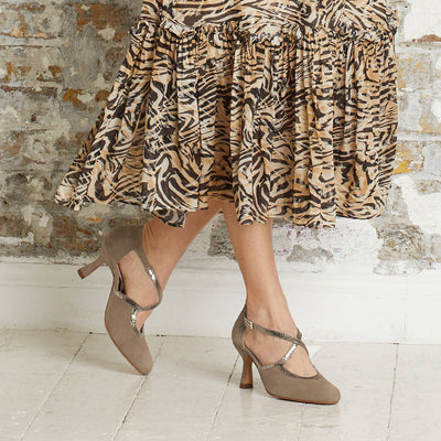 Meredith: Taupe Suede & Snake Print Leather