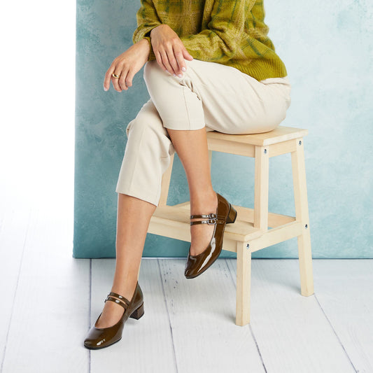 Orla: Khaki Patent Leather Shoes Sole Bliss