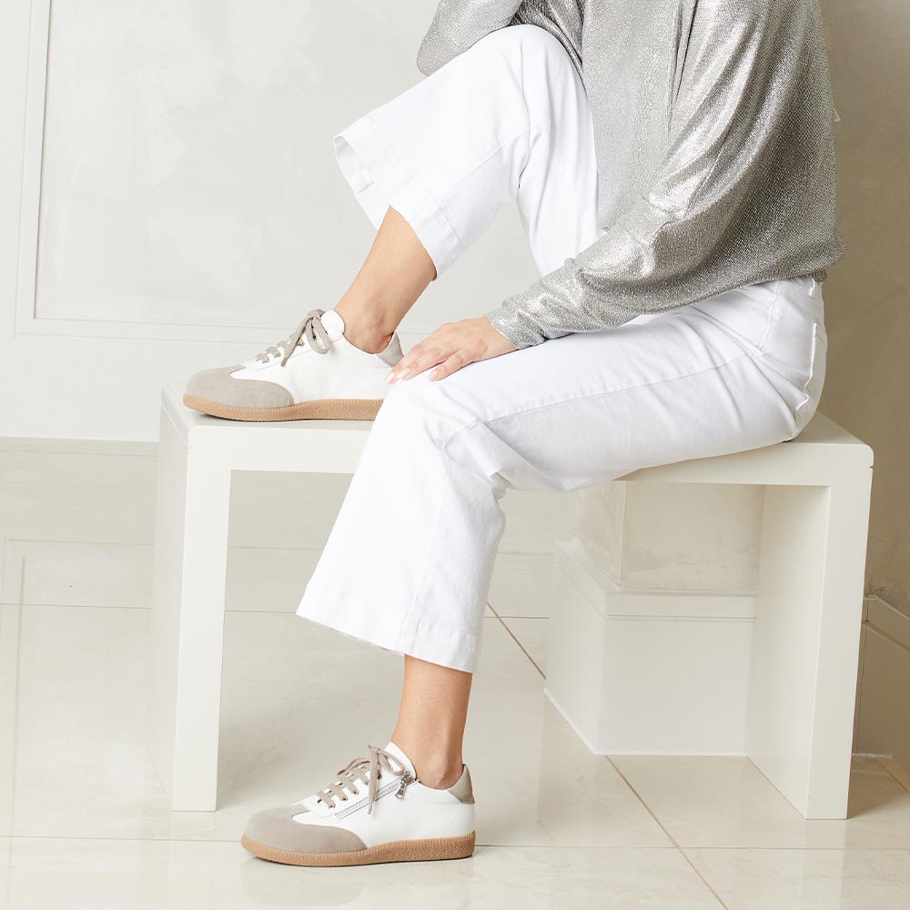 Pixie: White Leather & Taupe Suede Shoes Sole Bliss