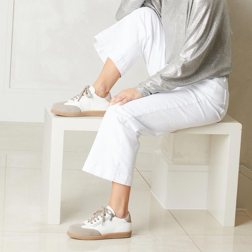 Pixie: White Leather & Taupe Suede Shoes Sole Bliss