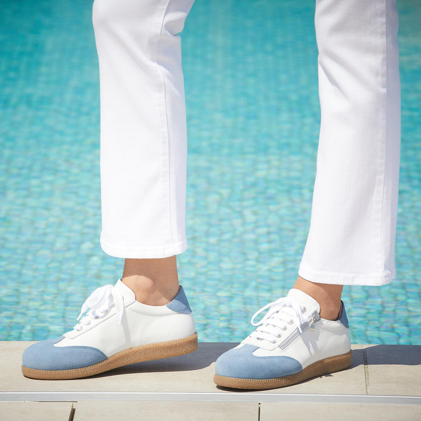 Pixie: White Leather & Denim Suede Shoes Sole Bliss