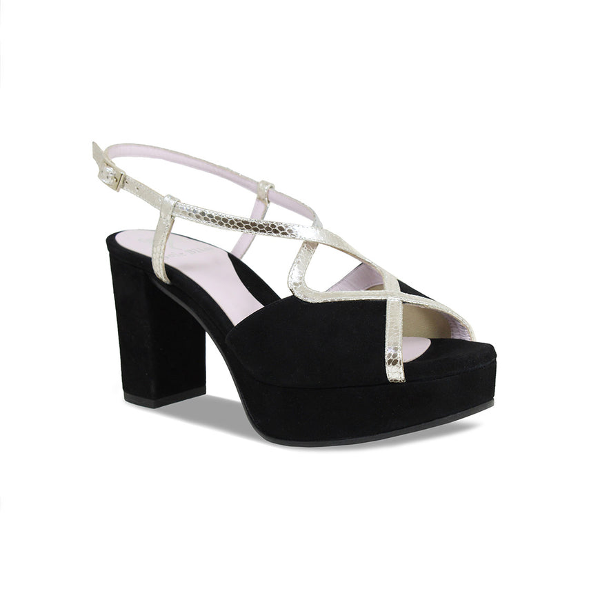 Rachel: Black Suede & Gold Snake Print Leather Shoes Sole Bliss