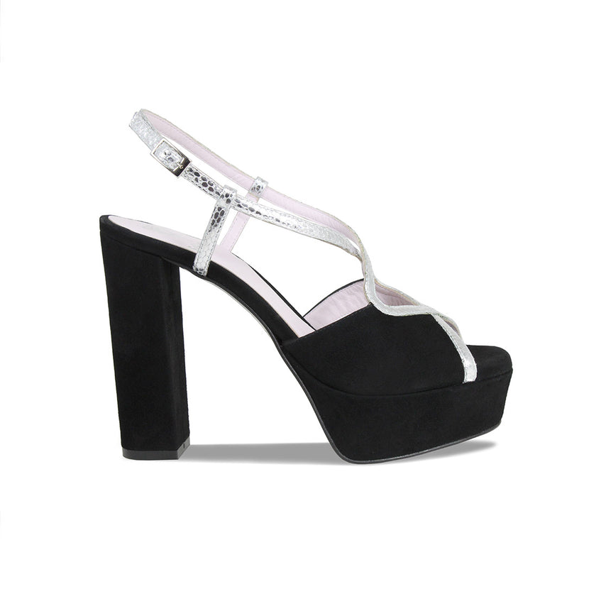 Reese: Black Suede & Silver Snake Print Leather Shoes Sole Bliss