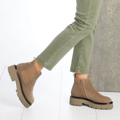 Rhea: Taupe Suede Boots Sole Bliss