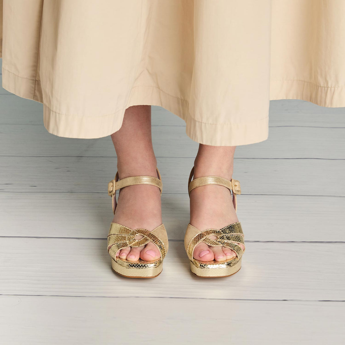 Roberta: Pale Gold Suede & Snake Shoes Sole Bliss