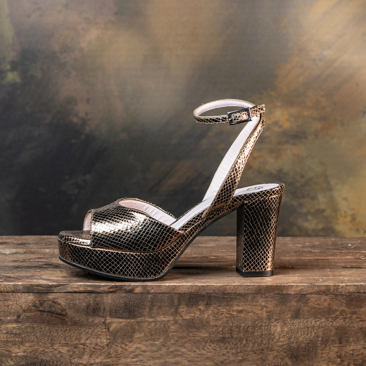 Roma: Bronze Snake Print Leather Shoes Sole Bliss