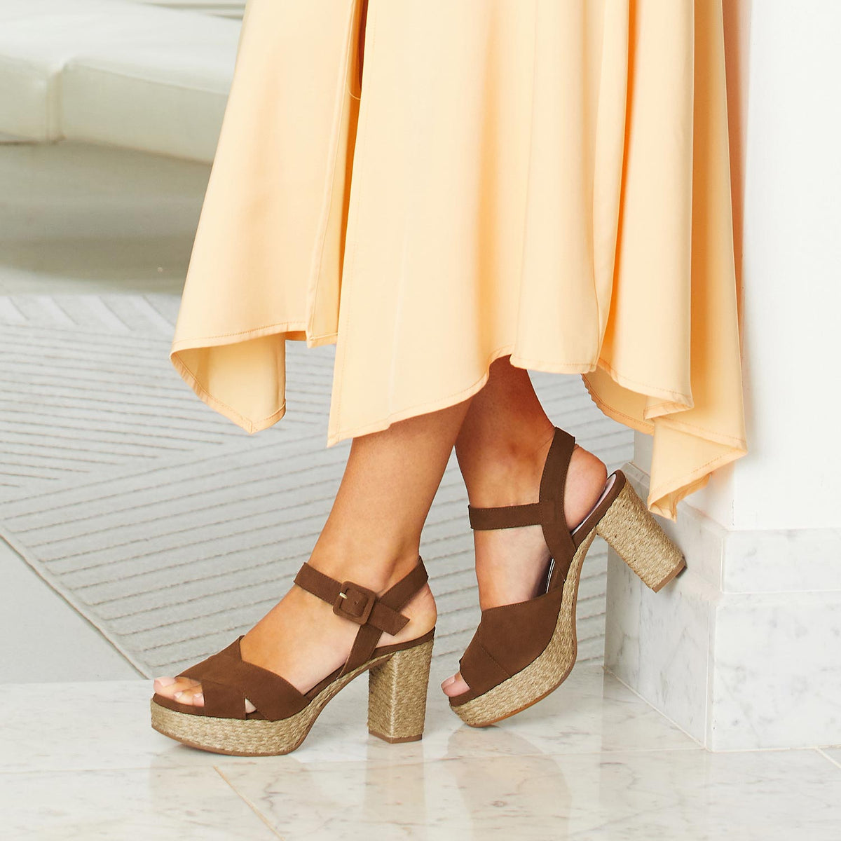 Ruby Tan Ruby: Tan Suede & Jute - Wide Fit Heeled Sandals | Sole Bliss