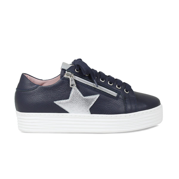 Star Navy Leather Silver Wide Fit Shoes for Bunions Sole Bliss