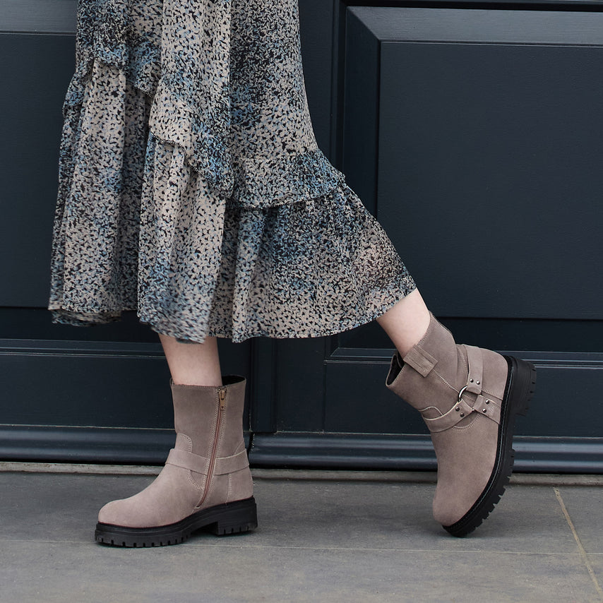 Indie: Taupe Suede & Gunmetal Boots Sole Bliss