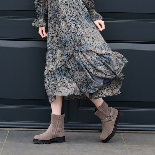 Indie: Taupe Suede & Gunmetal Boots Sole Bliss