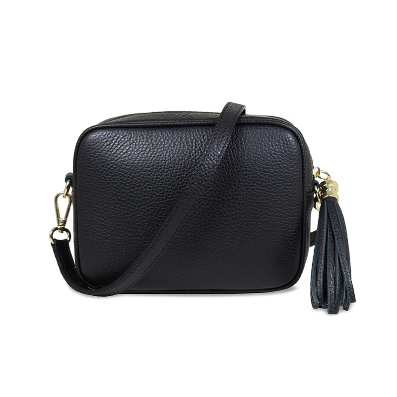 Coco: Black Leather & Taupe Trim – Black Crossbody Bag | Sole Bliss