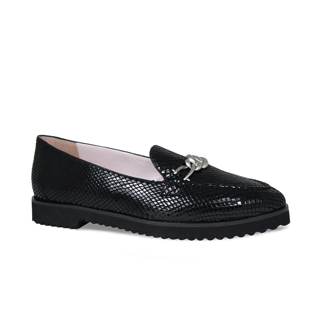 Tamara: Black Snake Leather - Wide Fit Platform Loafers | Sole Bliss