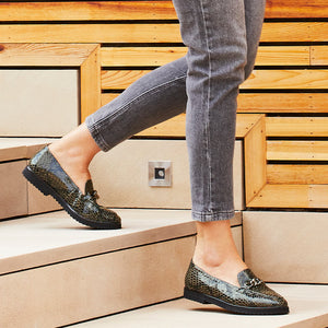 Tamara: Khaki Snake Print Leather Shoes Sole Bliss